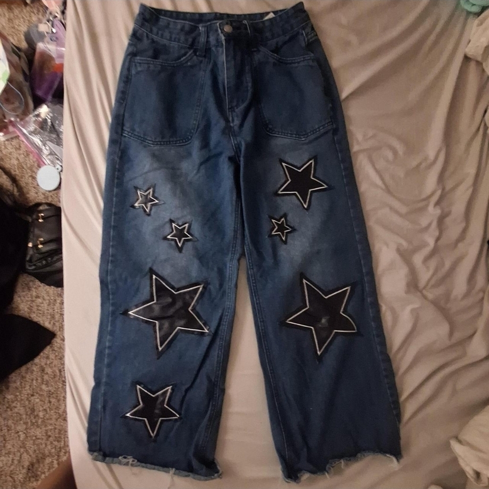 SHEIN Dark Blue Star Patch Flare Jeans